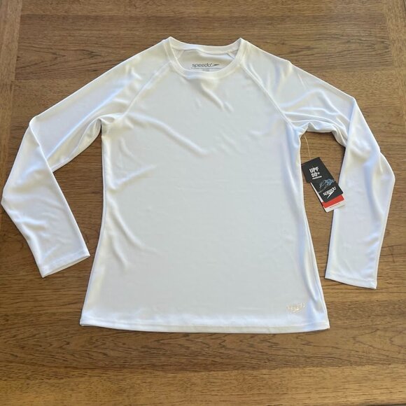 Speedo White Logo SMALL Women's Long Sleeve Swim Tee Top Crew Neck NWT 314 - Picture 1 of 2